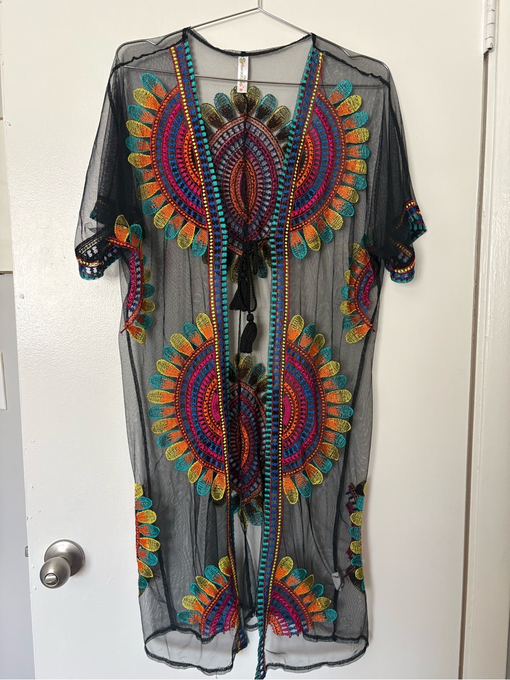 Shoreline Black Mesh Top with Teal, Gold, Magenta Embroidery